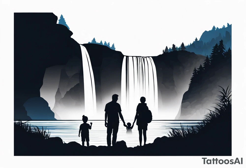 Silhouette of father standing in between daughter and younger son in front of water with reflection and waterfall with the waterfall only being blue. Everything else black and white tattoo idea