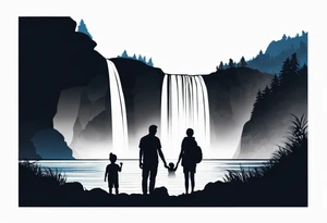 Silhouette of father standing in between daughter and younger son in front of water with reflection and waterfall with the waterfall only being blue. Everything else black and white tattoo idea