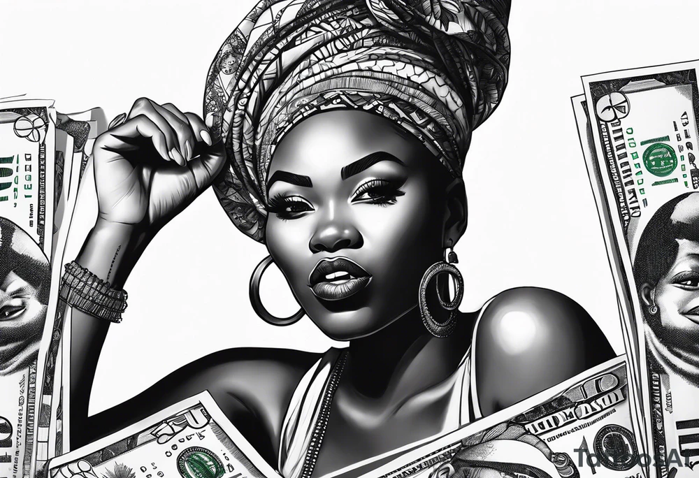 african woman biting money tattoo idea