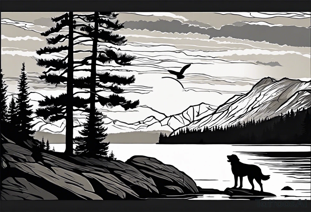 Sleeve tattoo windswept pine tree before lake with low rockface on far side of lake. Mastiff silhouette in the foreground. with a dock coming out from the shore. Canadian shield. 
Script write the words "If the sun refused to shine
I would still be loving you
When mountains crumble to the sea
There will still be you and me" tattoo idea