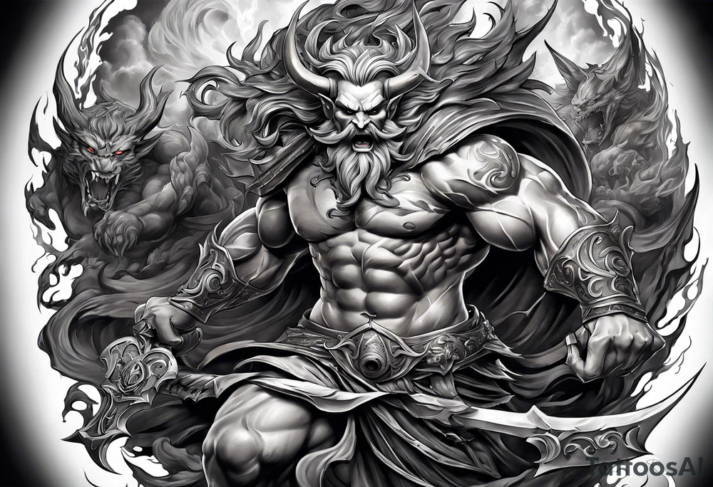 Backout tattoo of Hades fighting demons half-sleeve tattoo idea
