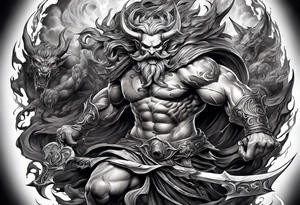 Backout tattoo of Hades fighting demons half-sleeve tattoo idea