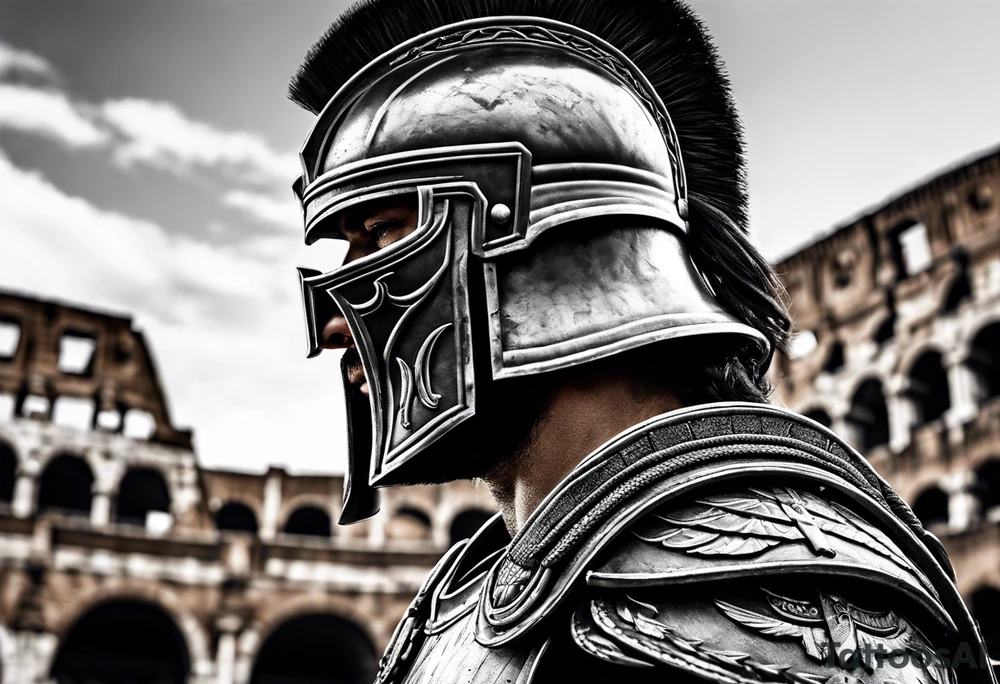 A gladiator with armor side profile with the Roman Coliseum in the background tattoo idea A gladiator with armor side profile with the Roman Coliseum in the background tattoo idea