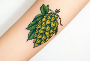 A detailed hop cone with deep green and golden hues, wrapped in barley stalks, symbolizing the essence of brewing tattoo idea