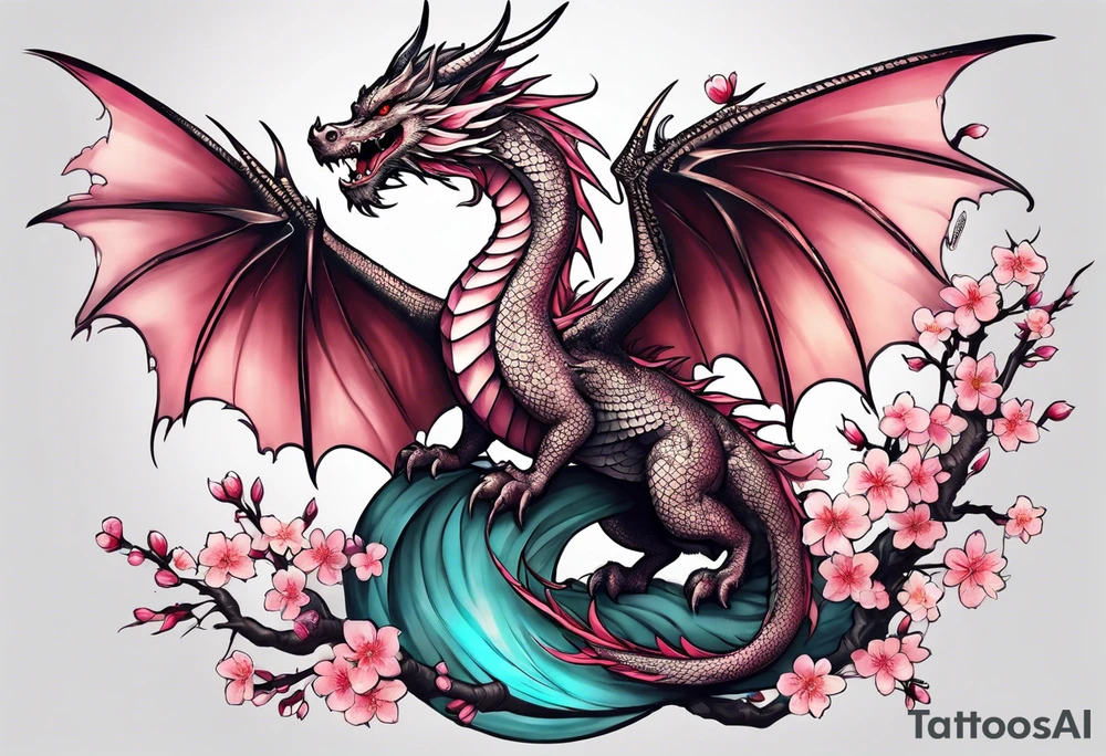 A dragon with wings covered in cherry blossoms on the thigh tattoo idea