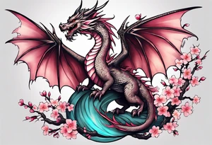 A dragon with wings covered in cherry blossoms on the thigh tattoo idea