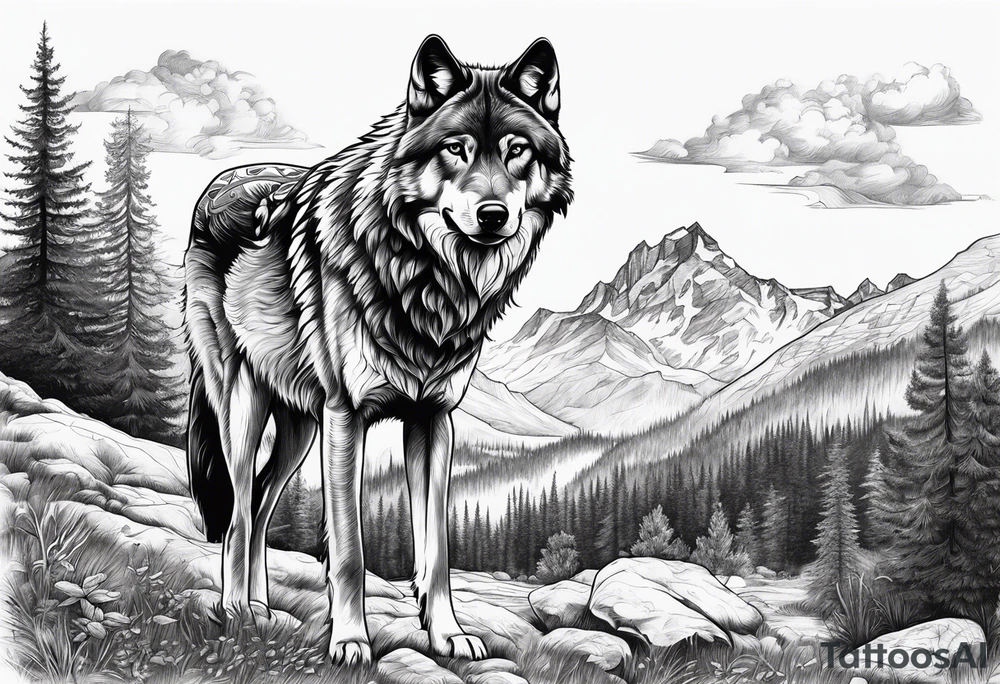 landscape with wolf, stag tattoo idea