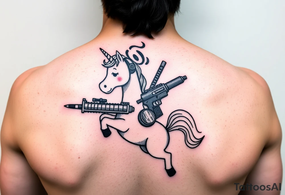 Deadpool riding unicorn holding Russian era RPG tattoo idea