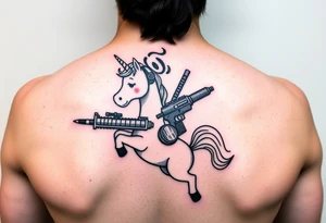 Deadpool riding unicorn holding Russian era RPG tattoo idea
