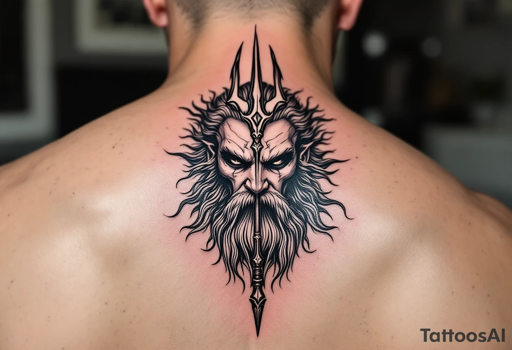 close-up poseidon behind a trident tattoo idea