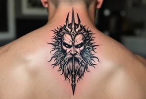 close-up poseidon behind a trident tattoo idea
