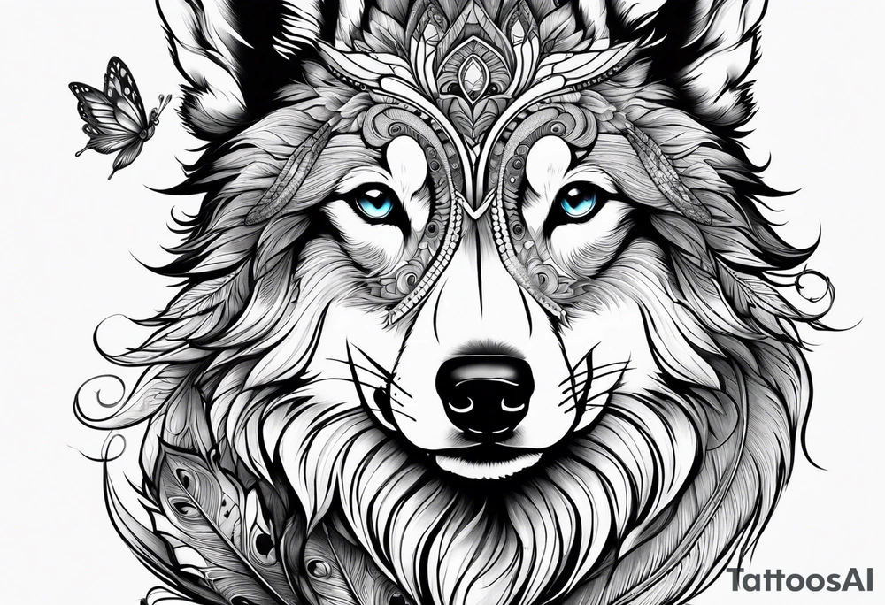 Peacock feather and wolf puppy with butterfly tattoo idea