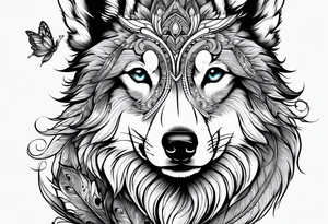 Peacock feather and wolf puppy with butterfly tattoo idea