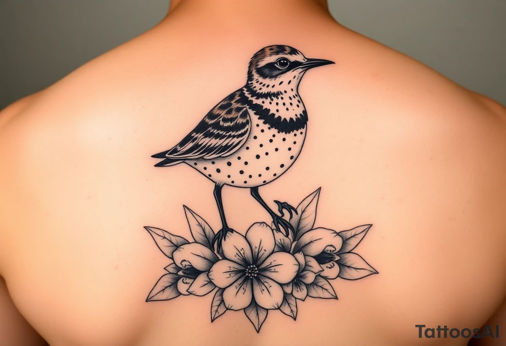 Female pacific golden plover (kolea) bird hawaiian flowers and lei in color detailed tattoo idea