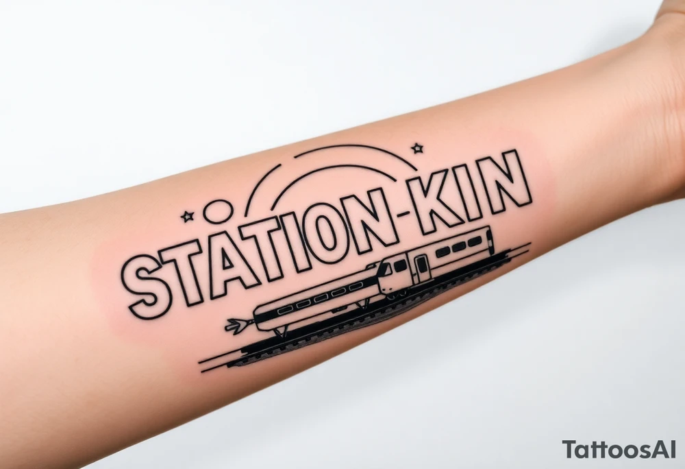Forearm tattoo of the words station kino with the graphic design background of outer space and a alien spaceship flying over the words station kino and put a train on train tracks under station kino tattoo idea