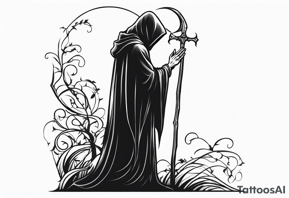 The grim reaper standing from a side profile praying with a Rosery wrapped around his hands tattoo idea The grim reaper standing from a side profile praying with a Rosery wrapped around his hands tattoo idea