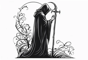 The grim reaper standing from a side profile praying with a Rosery wrapped around his hands tattoo idea
