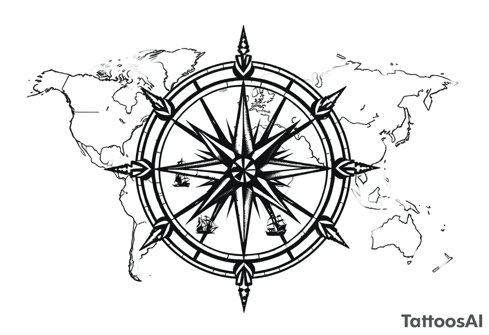 antique compass rose overlaid on weathered world map with sailing ships tattoo idea