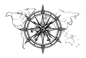 antique compass rose overlaid on weathered world map with sailing ships tattoo idea