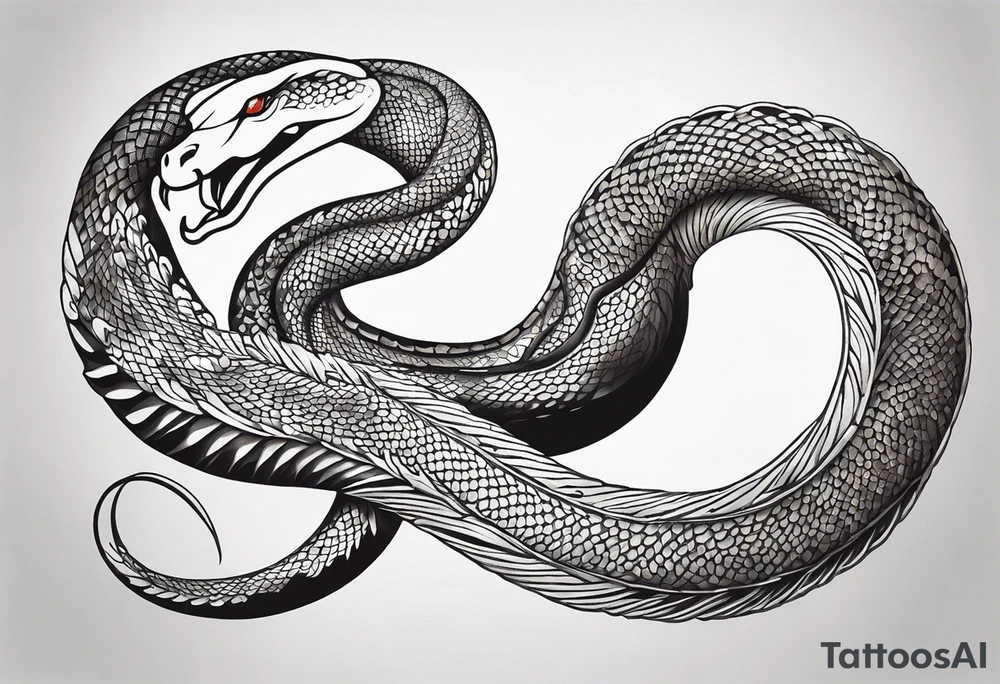 Create a detailed sketch of a snake tattoo. The design should feature a coiled snake with intricate scales and a dynamic, flowing pose. Emphasize the snake's head with a slightly menacing expression, its forked tongue flicking out. Include subtle shading to highlight the texture of the scales and give the design a sense of depth. The overall style should be clean and bold, suitable for a tattoo, with a focus on both artistic and anatomical accuracy. Consider incorporating elements like floral or geometric patterns in the background to complement the snake tattoo idea