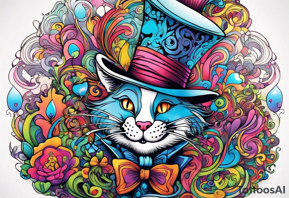 Alice in wonderland themed very colorful with mad hatter and Cheshire Cat psychedelic vibe tattoo idea