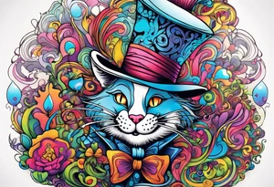 Alice in wonderland themed very colorful with mad hatter and Cheshire Cat psychedelic vibe tattoo idea