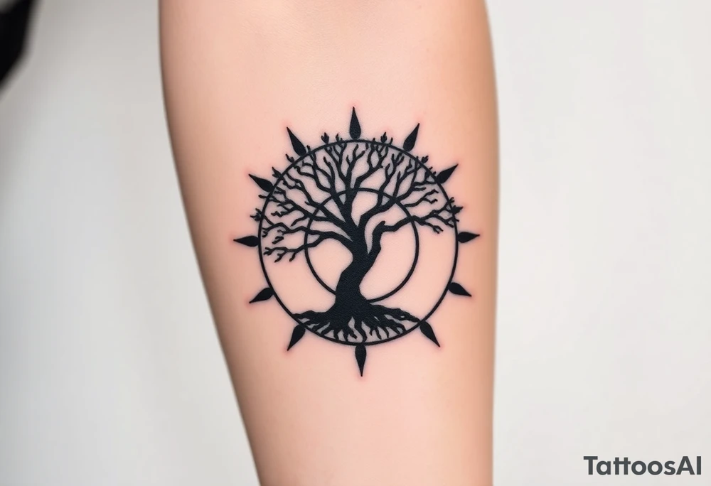 Tree inside of a spiral moving sun tattoo idea