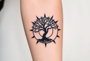 Tree inside of a spiral moving sun tattoo idea