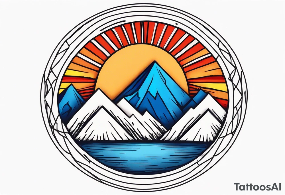 a simple red, blue, orange, and yellow sun w/ mountains tattoo idea