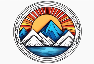 a simple red, blue, orange, and yellow sun w/ mountains tattoo idea