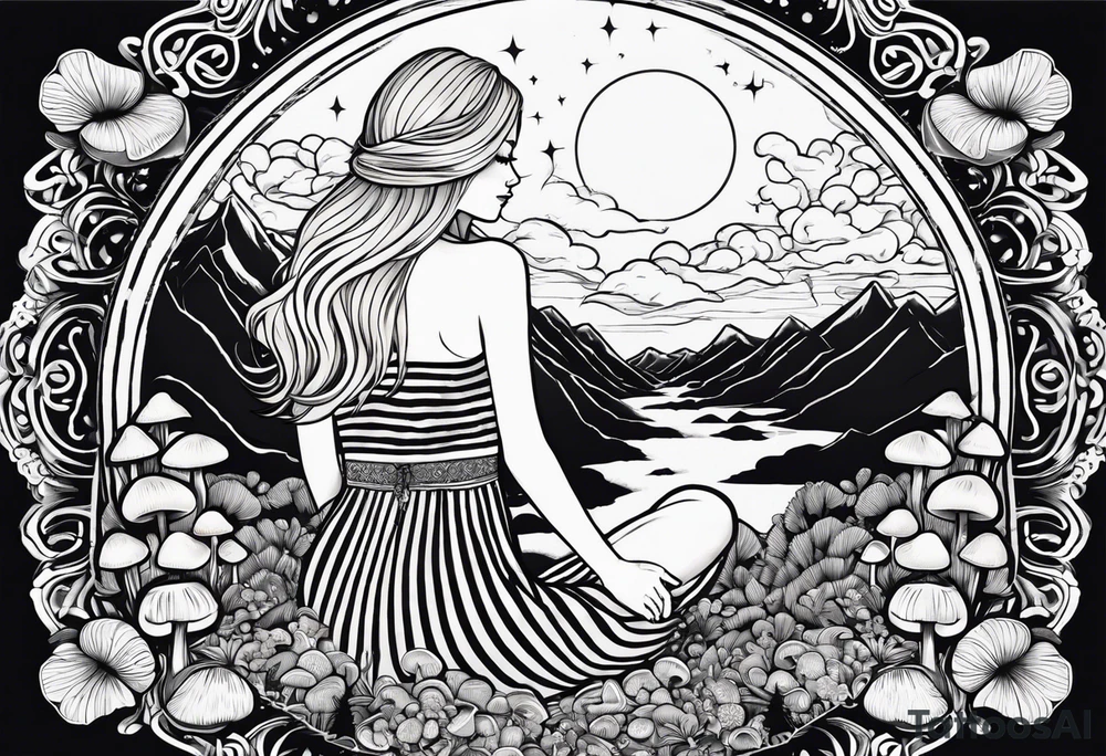 Straight blonde hair girl holding mushrooms in hand meditating facing away toward mountains surrounded by mushrooms crescent moon mandala circular design black and white striped dress tattoo idea