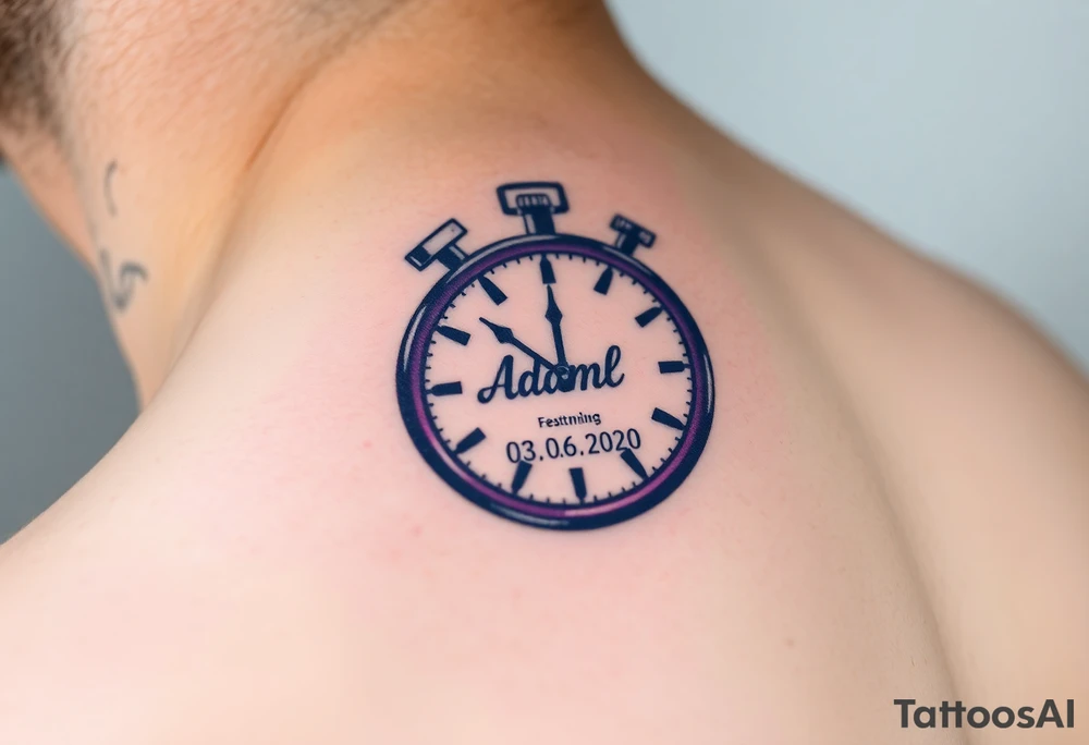 A stopwatch clock, which contains the child’s name "AdamL and birth date "03. 06. 2020", in blue, purple, and silver tattoo idea