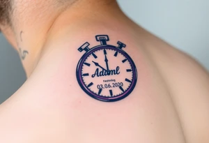 A stopwatch clock, which contains the child’s name "AdamL and birth date "03. 06. 2020", in blue, purple, and silver tattoo idea