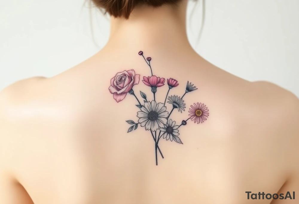 Bouquet of al these flower; Rose, carnation, lily, aster, larksper tattoo idea