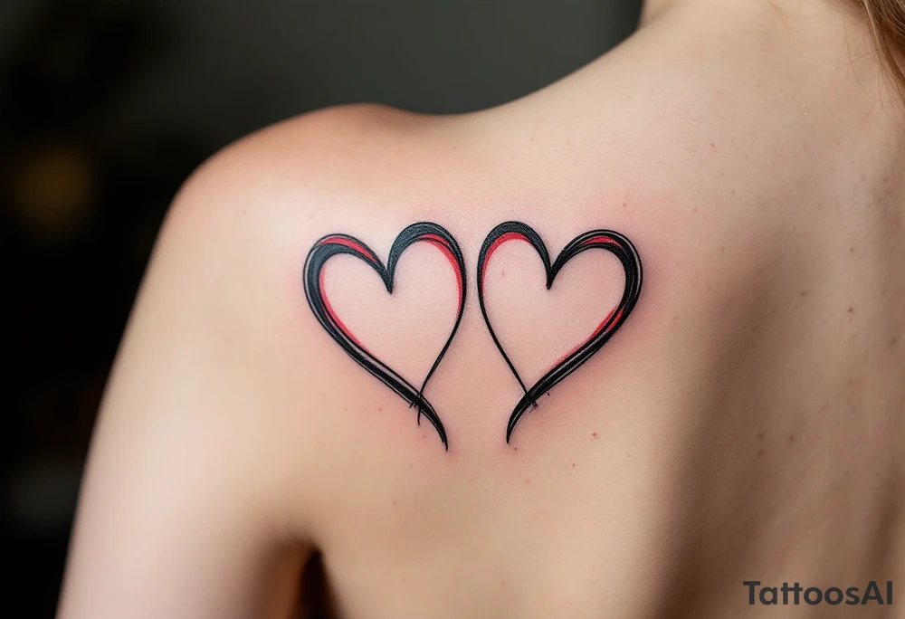 Two half-heart tattoos in black with red tips that form a full heart when side by side. tattoo idea