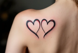 Two half-heart tattoos in black with red tips that form a full heart when side by side. tattoo idea