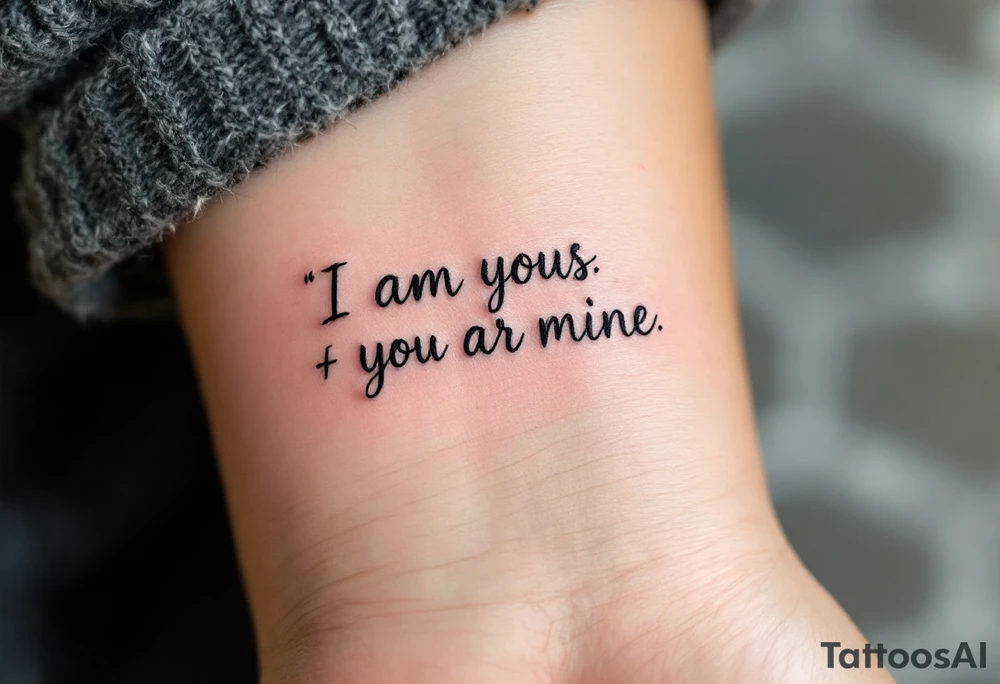 “I am yours” in soft gray on her wrist and “You are mine” in black on his neck symbolize mutual belonging. tattoo idea