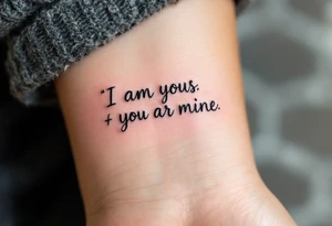 “I am yours” in soft gray on her wrist and “You are mine” in black on his neck symbolize mutual belonging. tattoo idea