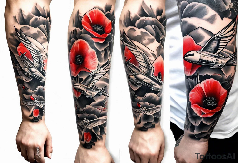 Ww2 inspired sleeve featuring mainly spitfires black and white, with red poppies tattoo idea