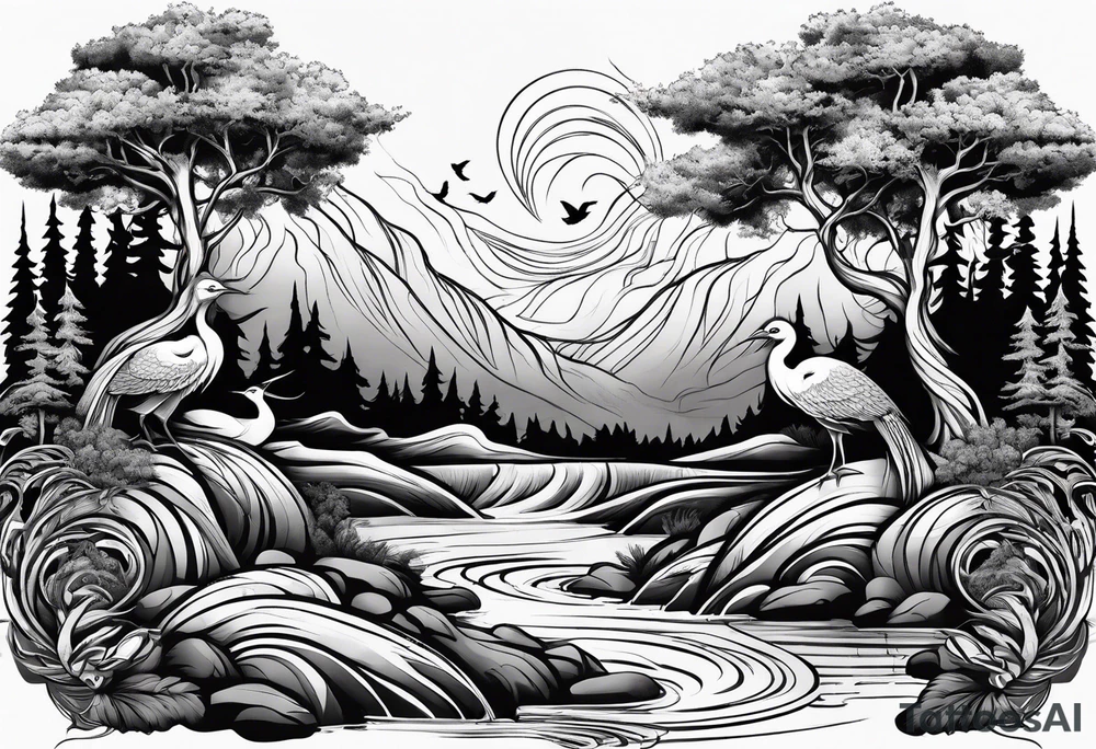 forest with water flowing and phoenix and roots and waves and three birds tattoo idea