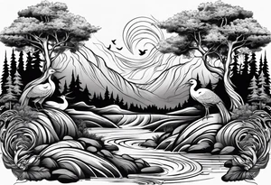 forest with water flowing and phoenix and roots and waves and three birds tattoo idea