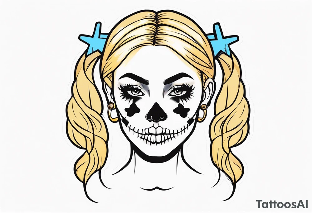 feminine skull and cross bones with hair in two blonde pigtails tattoo idea