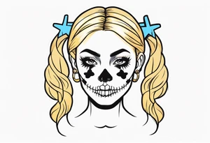 feminine skull and cross bones with hair in two blonde pigtails tattoo idea