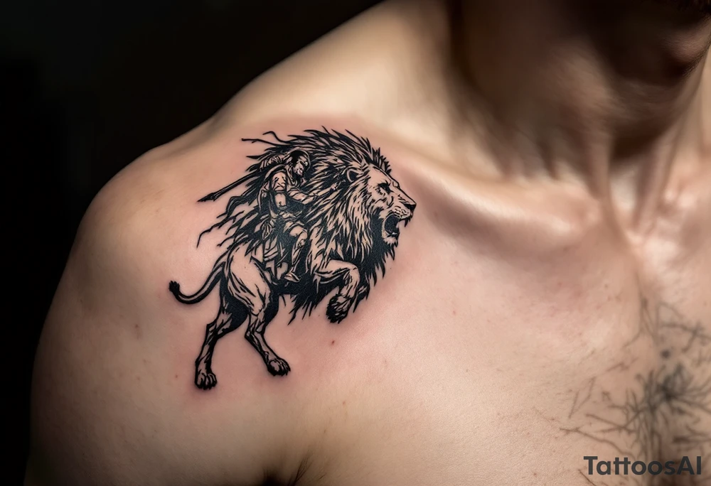 African tribal warrior riding on top of lion into battle tattoo idea