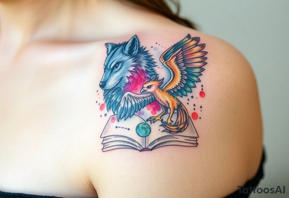 An open book with a werewolf, an owl & a dragon and a phoenix surrounding the book tattoo idea