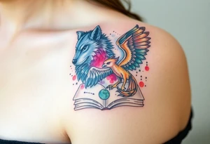 An open book with a werewolf, an owl & a dragon and a phoenix surrounding the book tattoo idea