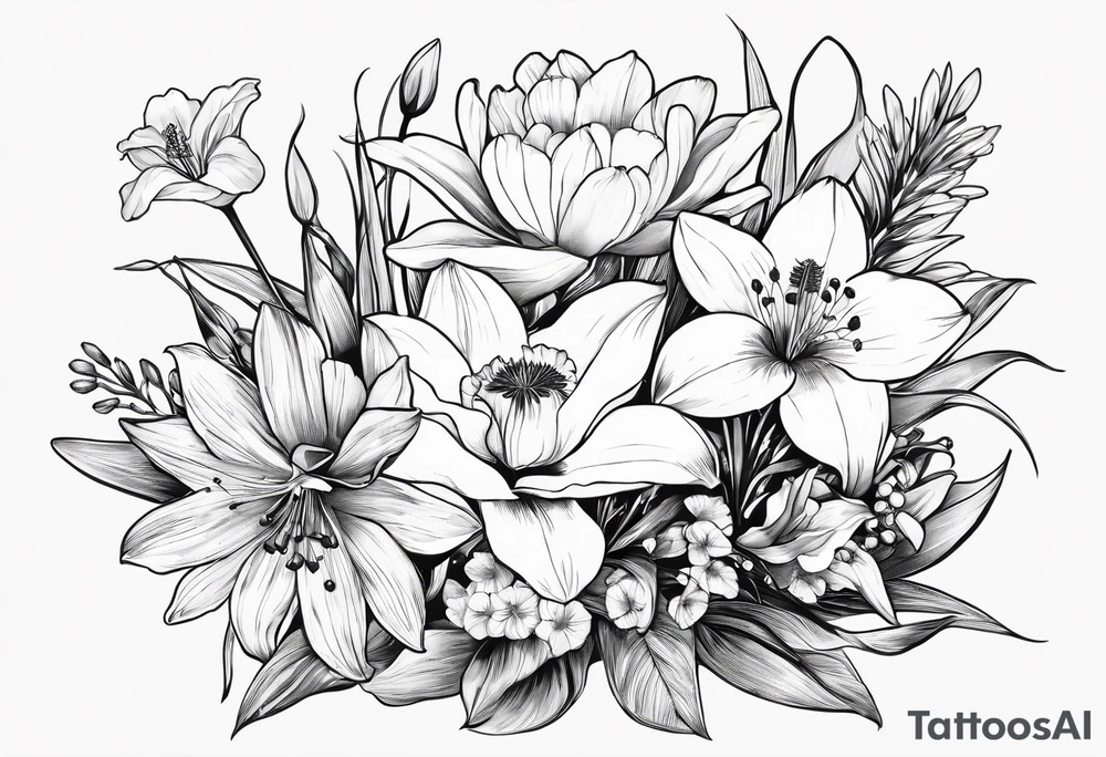 A mid sized line work bouquet of flowers with a water lily, gladiolus, poppy, lily of the valley, daffodil, and a honey suckle. With long stems and tied with a bow tattoo idea