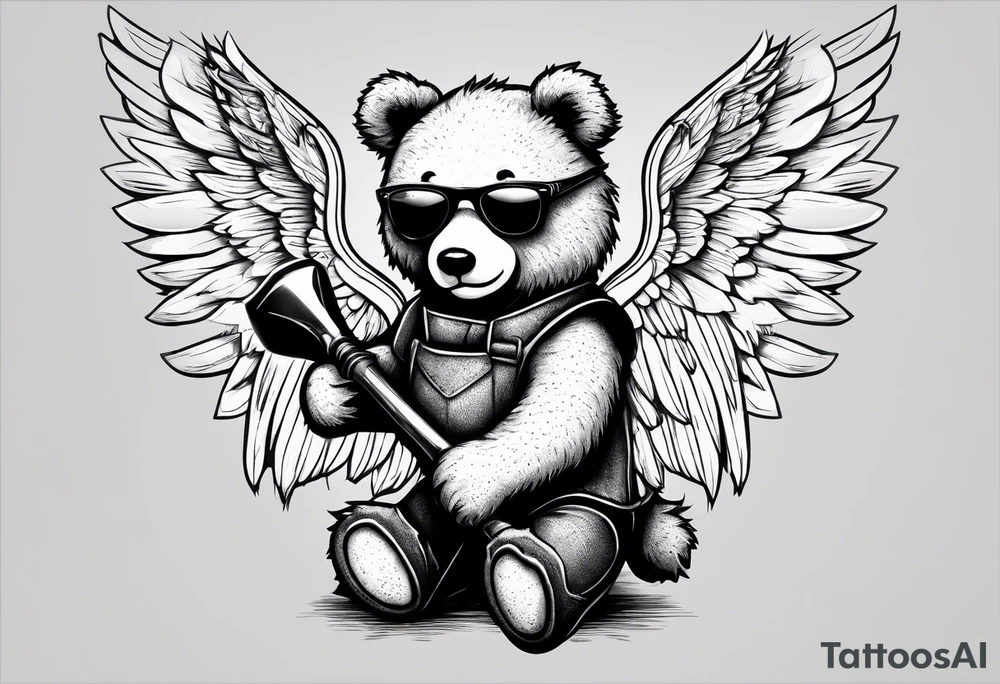 Teddy bear with angel wings wearing sunglasses holding a hammer tattoo idea