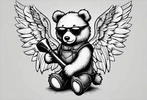 Teddy bear with angel wings wearing sunglasses holding a hammer tattoo idea