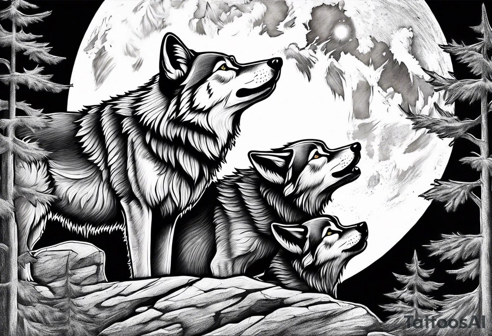 Wolf and cubs howling at moon tattoo idea